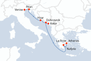 Carte itinéraire croisière Italie, Slovénie, Croatie, Monténégro, Grèce - 7 jours au départ de Venise - Méditerranée