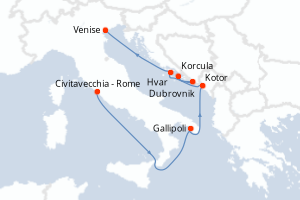 Carte itinéraire croisière Italie, Monténégro, Croatie - 7 jours au départ de Civitavecchia - Rome - Méditerranée