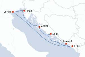 Carte itinéraire croisière Italie, Croatie, Monténégro, Slovénie - 7 jours au départ de Venise - Méditerranée