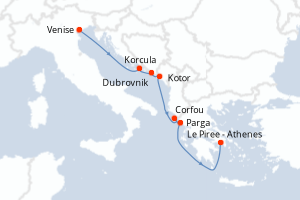 Carte itinéraire croisière Italie, Croatie, Monténégro, Grèce - 7 jours au départ de Venise - Méditerranée