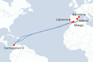 Carte itinéraire croisière Espagne, Colombie, Royaume-Uni, Portugal - 6 jours au départ de Barcelone - Atlantique