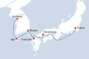 Carte itinéraire croisière Corée du Sud, Japon - 7 jours au départ de Incheon - Asie