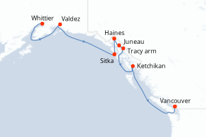 Carte itinéraire croisière États-Unis, Canada - 9 jours au départ de Whittier - Alaska