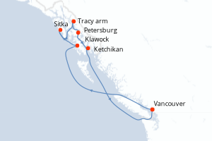 Carte itinéraire croisière Canada, États-Unis - 8 jours au départ de Vancouver - Alaska