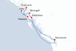 Carte itinéraire croisière Canada, États-Unis - 8 jours au départ de Vancouver - Alaska