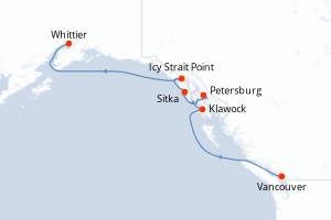 Carte itinéraire croisière Canada, États-Unis - 7 jours au départ de Vancouver - Alaska