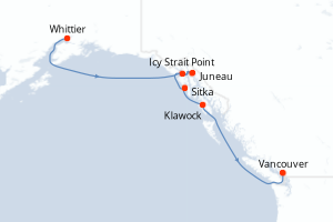 Carte itinéraire croisière États-Unis, Canada - 7 jours au départ de Whittier - Alaska