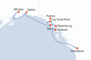 Carte itinéraire croisière Canada, États-Unis - 9 jours au départ de Vancouver - Alaska