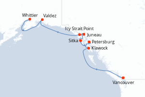 Carte itinéraire croisière Canada, États-Unis - 9 jours au départ de Vancouver - Alaska