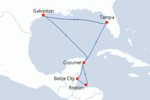 Carte itinéraire croisière États-Unis, Mexique, Honduras, Belize - 6 jours au départ de Tampa - Caraïbes Mexique