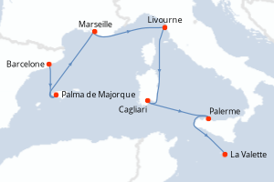Carte itinéraire croisière Espagne, France, Italie, Malte - 6 jours au départ de Barcelone - Méditerranée