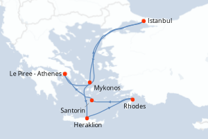 Carte itinéraire croisière Grèce, Turquie - 7 jours au départ de Le Piree - Athenes - Méditerranée