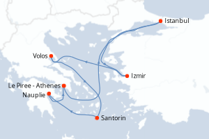 Carte itinéraire croisière Grèce, Turquie - 7 jours au départ de Le Piree - Athenes - Méditerranée