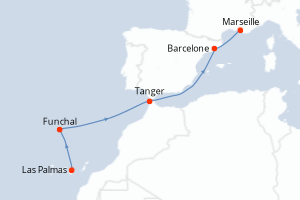 Carte itinéraire croisière Canaries, Madère, Maroc, Espagne, France - 6 jours au départ de Las Palmas - Méditerranée