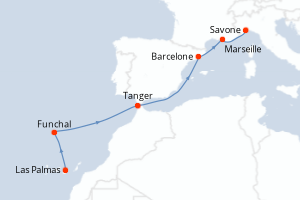 Carte itinéraire croisière Canaries, Madère, Maroc, Espagne, France, Italie - 7 jours au départ de Las Palmas - Méditerranée