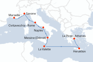 Carte itinéraire croisière France, Italie, Malte, Grèce - 8 jours au départ de Marseille - Méditerranée