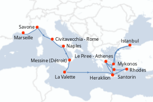 Carte itinéraire croisière France, Italie, Malte, Grèce, Turquie - 15 jours au départ de Marseille - Méditerranée