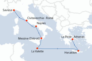 Carte itinéraire croisière Italie, Malte, Grèce - 7 jours au départ de Savone - Méditerranée