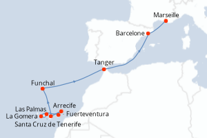 Carte itinéraire croisière Canaries, Espagne, Madère, Maroc, France - 10 jours au départ de Santa Cruz de Tenerife - Méditerranée