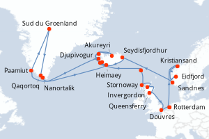 Carte itinéraire croisière Pays-Bas, Norvège, Islande, Gröenland, Danemark, Royaume-Uni - 28 jours au départ de Rotterdam - Europe du Nord