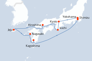 Carte itinéraire croisière Japon, Corée du Sud - 12 jours au départ de Yokohama - Asie
