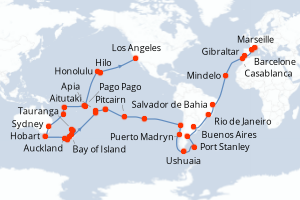 Carte itinéraire croisière Espagne, Royaume-Uni, Maroc, Cap-Vert, Brésil, Argentine, Îles Malouines, Chili, France, Îles Cook, Nouvelle-Zélande, Australie, Nouvelle-Calédonie, Vanuatu, Samoa, États-Unis - 91 jours au départ de Marseille - Transatlantique