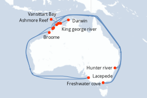 Carte itinéraire croisière Australie - 10 jours au départ de Darwin - Australie Nouvelle Zélande