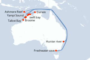 Carte itinéraire croisière Australie - 10 jours au départ de Broome - Australie Nouvelle Zélande