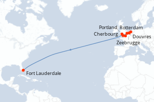Carte itinéraire croisière Pays-Bas, Belgique, France, Royaume-Uni, États-Unis - 15 jours au départ de Rotterdam - Transatlantique