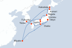 Carte itinéraire croisière Corée du Sud, Japon - 14 jours au départ de Tokyo - Asie