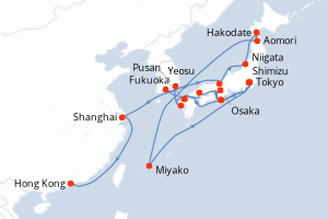 Carte itinéraire croisière Corée du Sud, Japon, Chine - 28 jours au départ de Tokyo - Asie