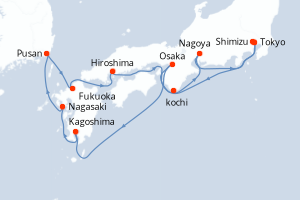 Carte itinéraire croisière Japon - 14 jours au départ de Tokyo - Asie