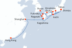 Carte itinéraire croisière Chine, Japon - 28 jours au départ de Hong Kong - Asie