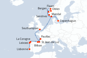Carte itinéraire croisière Portugal, Espagne, France, Royaume-Uni, Norvège, Danemark - 15 jours au départ de Lisbonne - Europe du Nord