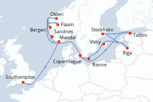 Carte itinéraire croisière Royaume-Uni, Norvège, Danemark, Estonie, Suède, Lettonie - 16 jours au départ de Southampton - Europe du Nord