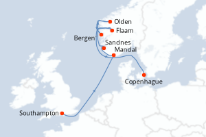 Carte itinéraire croisière Royaume-Uni, Norvège, Danemark - 8 jours au départ de Southampton - Europe du Nord