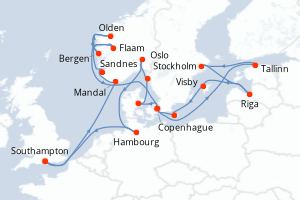 Carte itinéraire croisière Royaume-Uni, Norvège, Danemark, Estonie, Suède, Lettonie, Allemagne - 23 jours au départ de Southampton - Europe du Nord