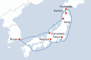 Carte itinéraire croisière Japon, Corée du Sud - 10 jours au départ de Tokyo - Asie