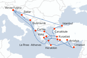 Carte itinéraire croisière Italie, Croatie, Grèce, Turquie, Chypre - 21 jours au départ de Venise Fusina - Méditerranée