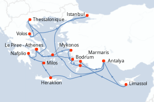 Carte itinéraire croisière Grèce, Turquie, Chypre - 20 jours au départ de Le Piree - Athenes - Méditerranée