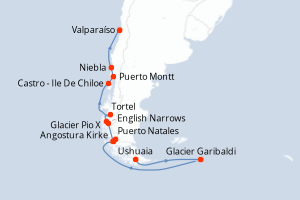 Carte itinéraire croisière Argentine, Chili - 12 jours au départ de Ushuaia - Amérique du Sud