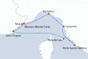 Carte itinéraire croisière France, Italie, Monaco - 7 jours au départ de Nice - Méditerranée