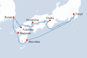 Carte itinéraire croisière Japon, Corée du Sud - 10 jours au départ de Tokyo - Asie