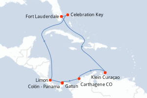 Carte itinéraire croisière Caribe con Costa Rica y el Canal de Pana - 12 jours au départ de Fort Lauderdale - Caraïbes Bahamas