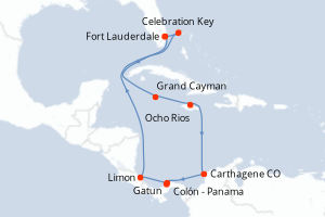 Carte itinéraire croisière Caribe con Costa Rica y el Canal de Pana - 12 jours au départ de Fort Lauderdale - Caraïbes Bahamas