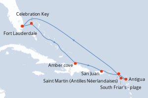 Carte itinéraire croisière Caribe Oriental con San Cristóbal - 10 jours au départ de Fort Lauderdale - Caraïbes Bahamas