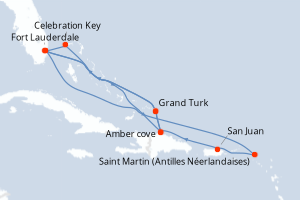 Carte itinéraire croisière Aventurero del Caribe Oriental - 14 jours au départ de Fort Lauderdale - Caraïbes Bahamas
