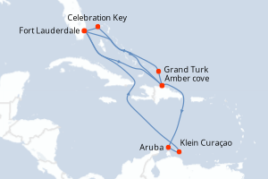 Carte itinéraire croisière Aventurero del Caribe - 14 jours au départ de Fort Lauderdale - Caraïbes Bahamas