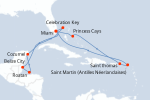 Carte itinéraire croisière Aventurero del Caribe - 14 jours au départ de Miami - Caraïbes Bahamas