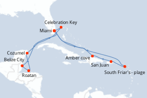 Carte itinéraire croisière Aventurero del Caribe - 14 jours au départ de Miami - Caraïbes Bahamas